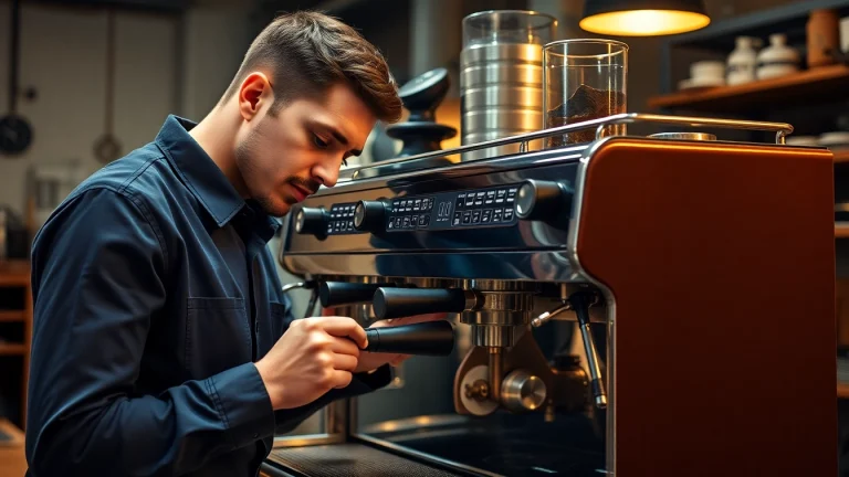 Cimbali teknik servis: Skilled technician performs maintenance on espresso machine.