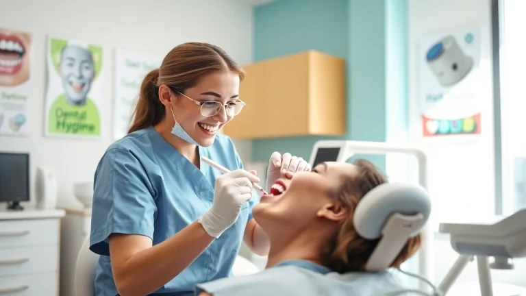 Promote hygiene with a dental hygienist focused on teeth cleaning techniques in a modern office.