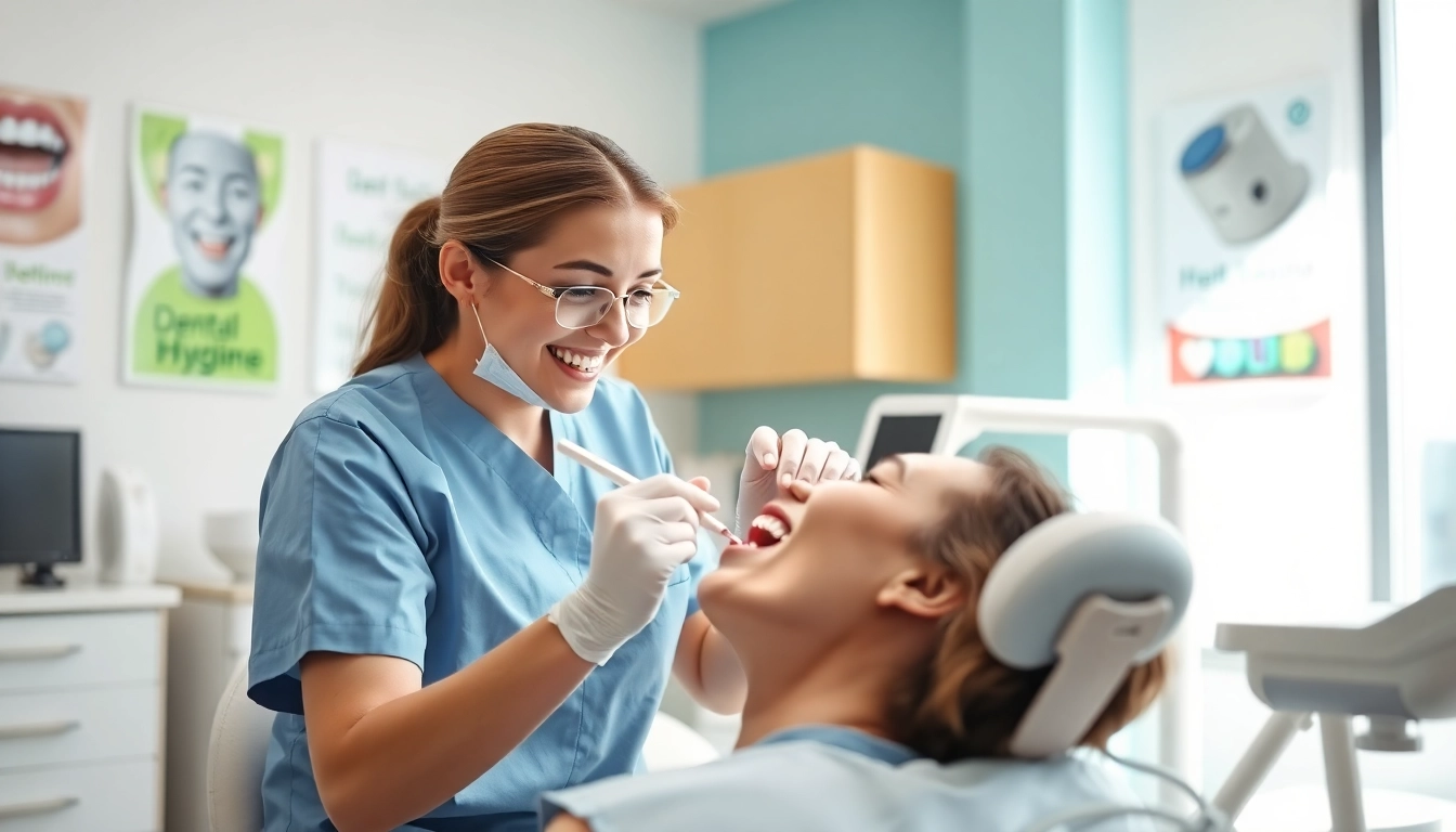 Promote hygiene with a dental hygienist focused on teeth cleaning techniques in a modern office.