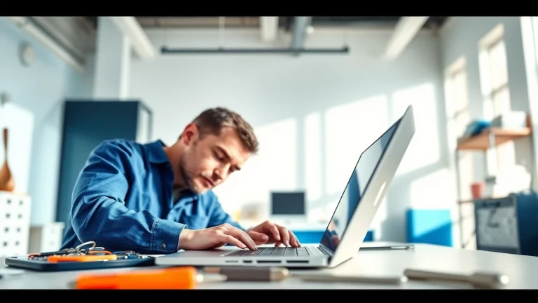 Technician performing computer repair on a laptop, showcasing expertise in a professional setting.