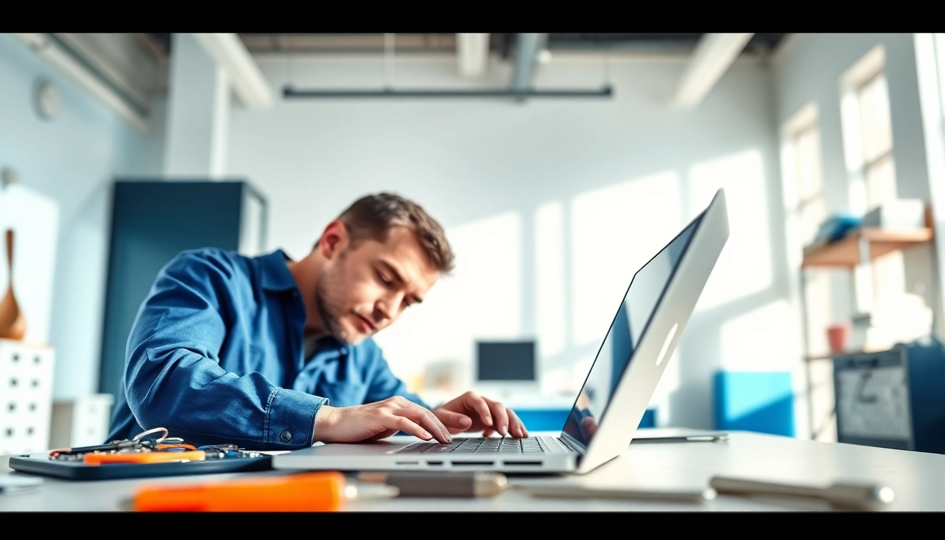 Technician performing computer repair on a laptop, showcasing expertise in a professional setting.