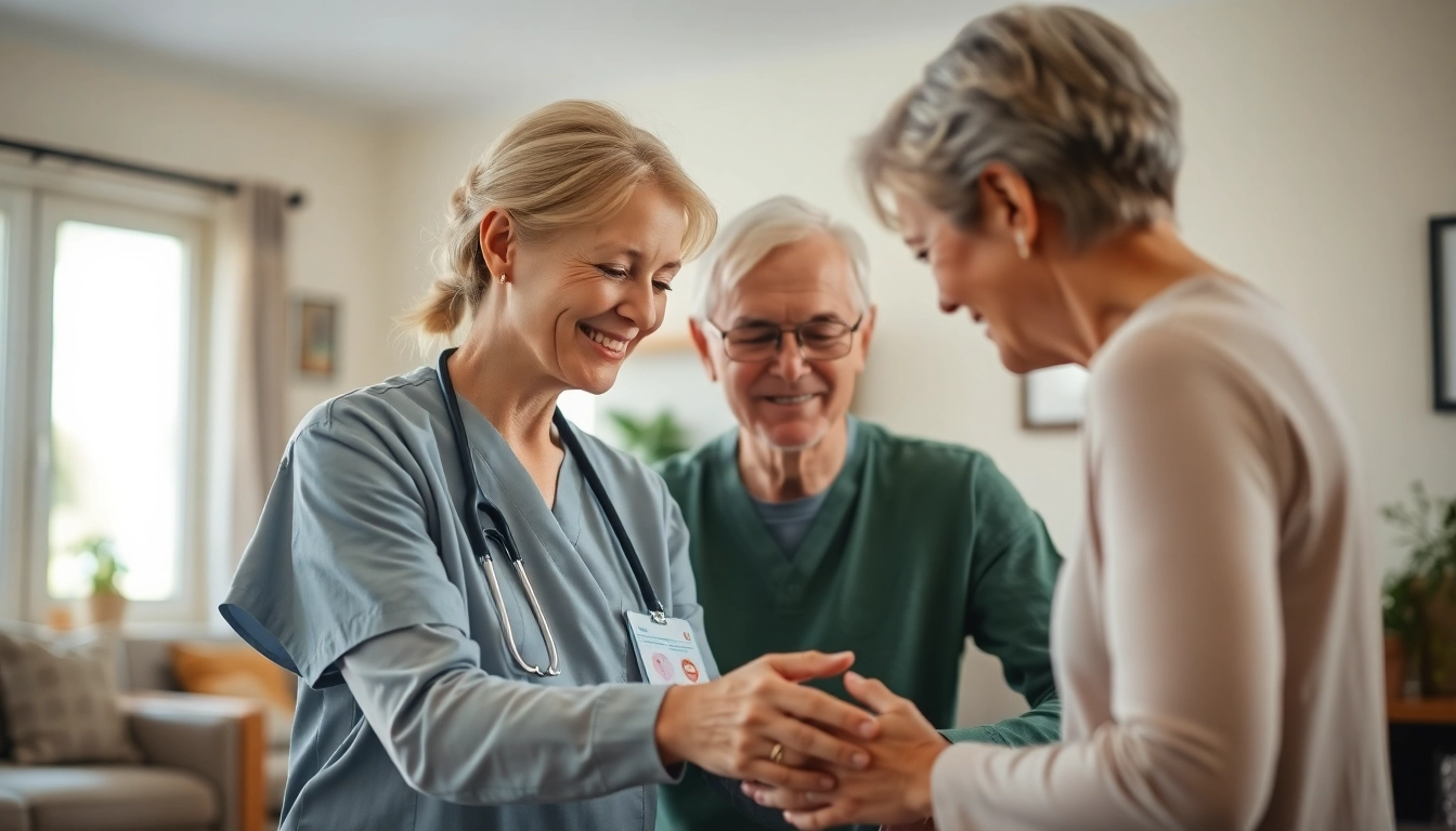 Engaging caregiver providing in home care austin tx to an elderly client in a warm living room.