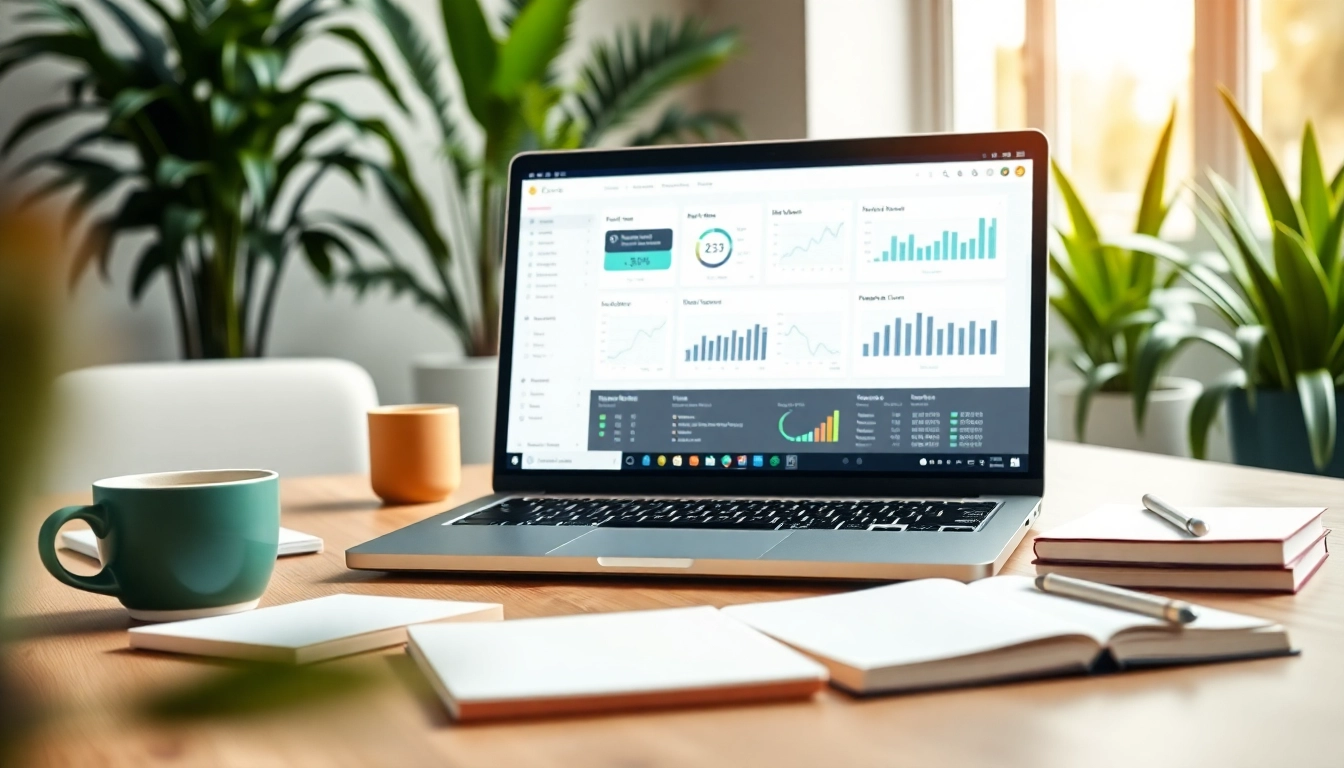 Engaging visual of an AI content marketing platform workspace with analytics and a lively atmosphere.