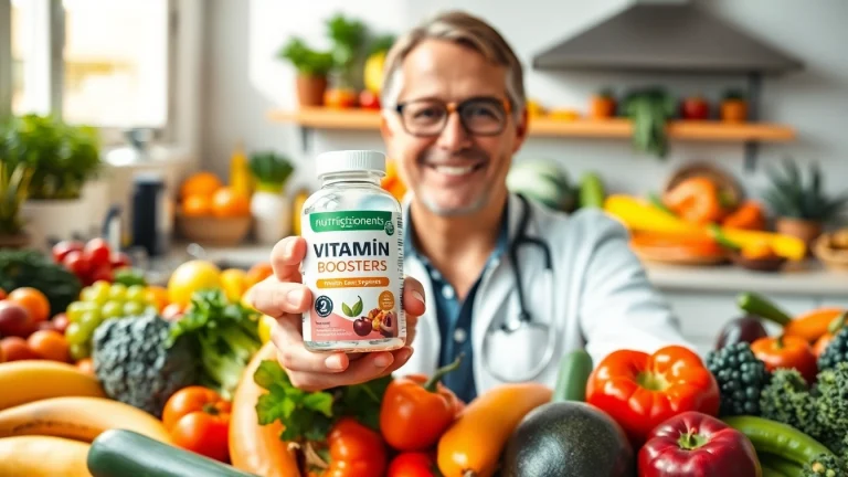 Explore Vitamin Boosters in a bright kitchen setting with a nutrition expert showcasing healthy produce.