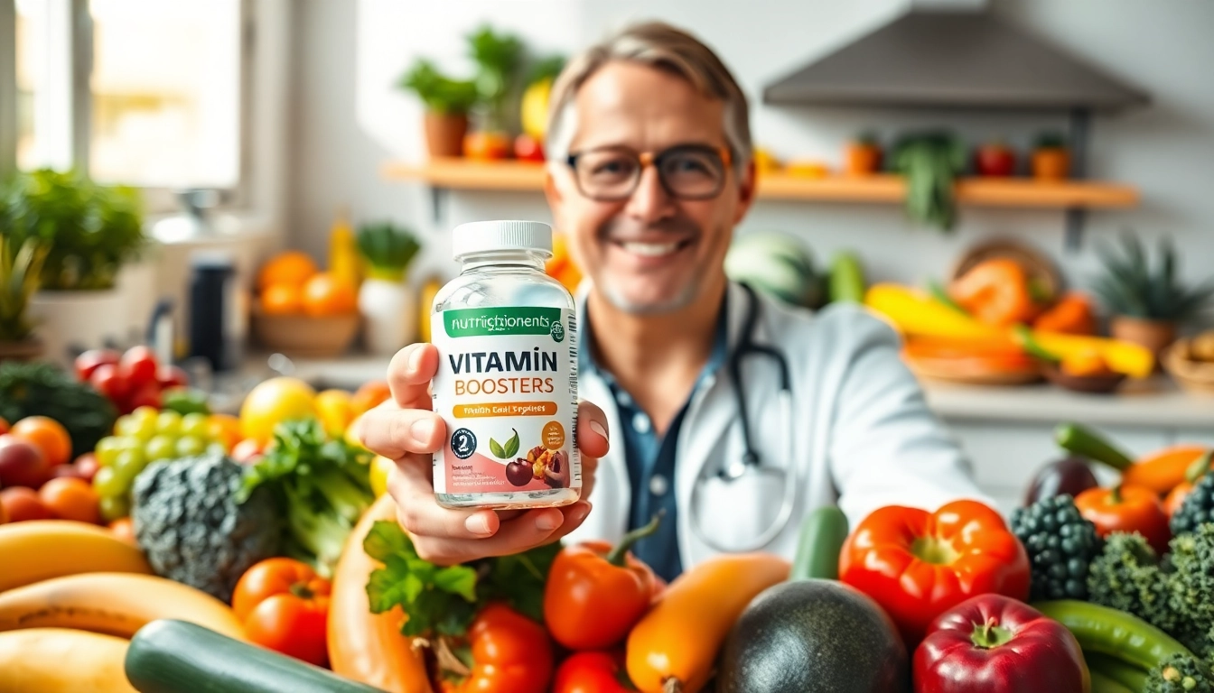 Explore Vitamin Boosters in a bright kitchen setting with a nutrition expert showcasing healthy produce.