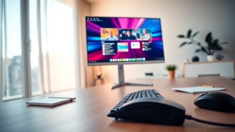 Engaging virtual desktop setup in a modern office with vibrant display and cozy atmosphere.