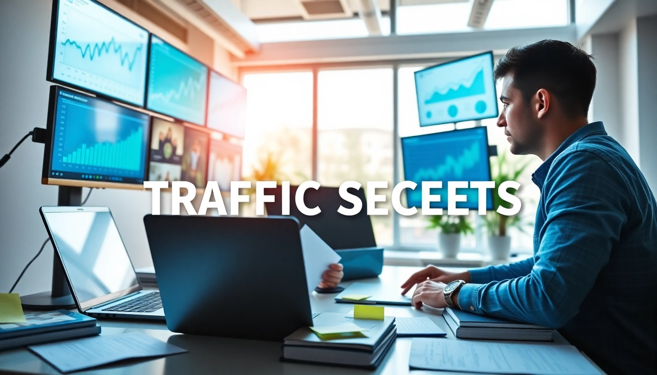 Uncover TRAFFIC SECRETS with a focused marketer analyzing strategies in a modern office.