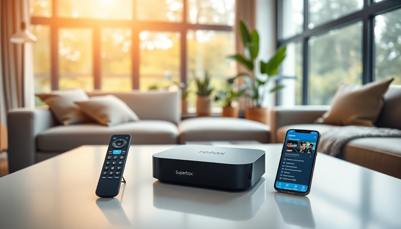 Engaging display of superbox streaming device in a cozy living room setup.