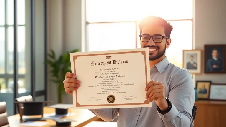 Buy diploma: A proud customer showcasing a stylish fake diploma in a bright, professional office.