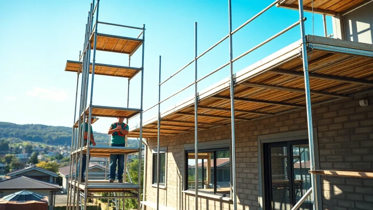 Workers erecting Whangarei scaffolding at a residential construction site, emphasizing safety and skill.