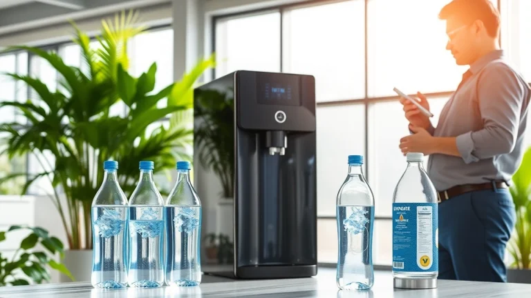 Implement clean water solutions for business showcased in a modern office with professional technician and filtration system.