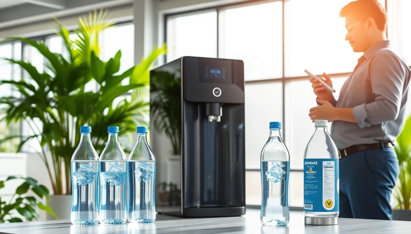 Implement clean water solutions for business showcased in a modern office with professional technician and filtration system.