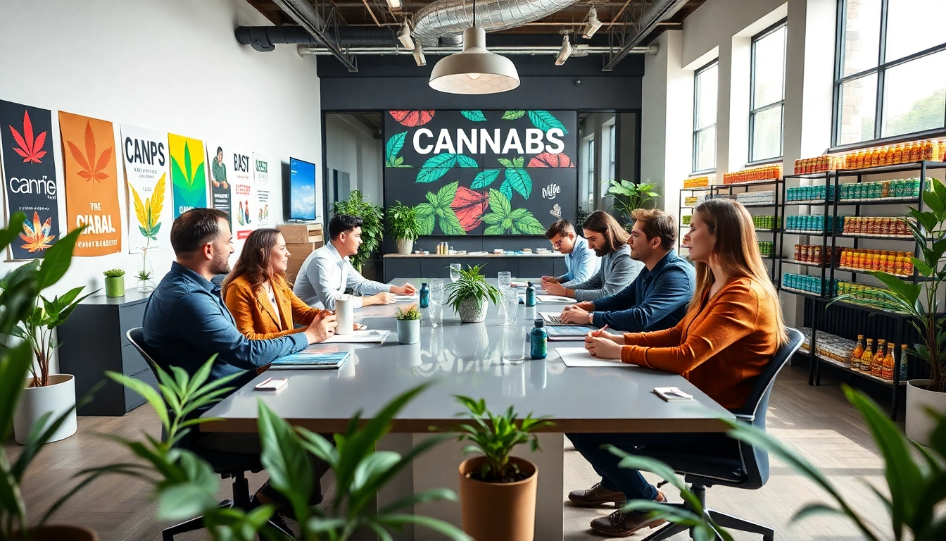 Engaging teamwork at a cannabis marketing agency brainstorming innovative strategies.