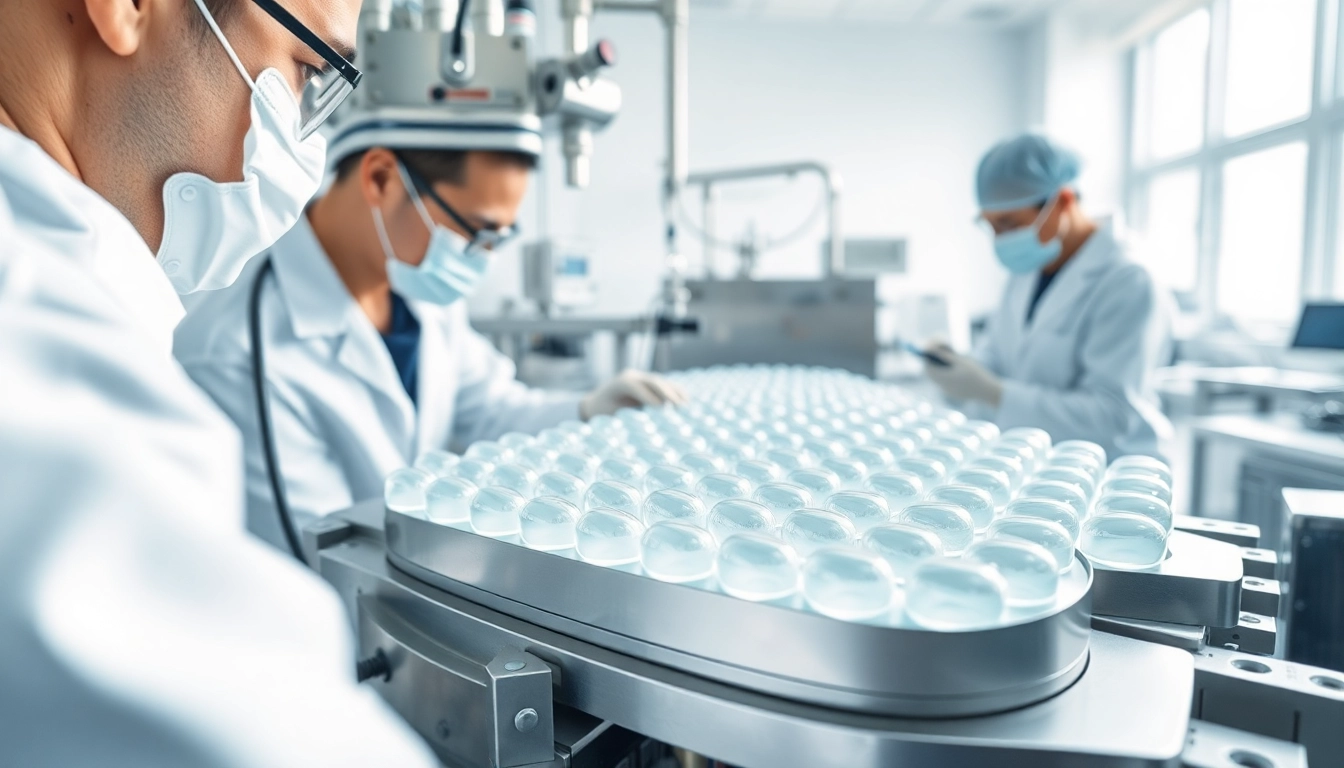 Visualize softgel encapsulation process with scientists operating machinery in a lab.