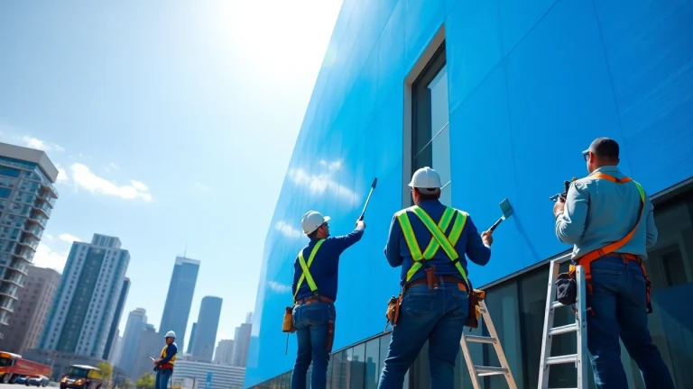 Commercial painting contractors applying fresh paint to a large office building's exterior.