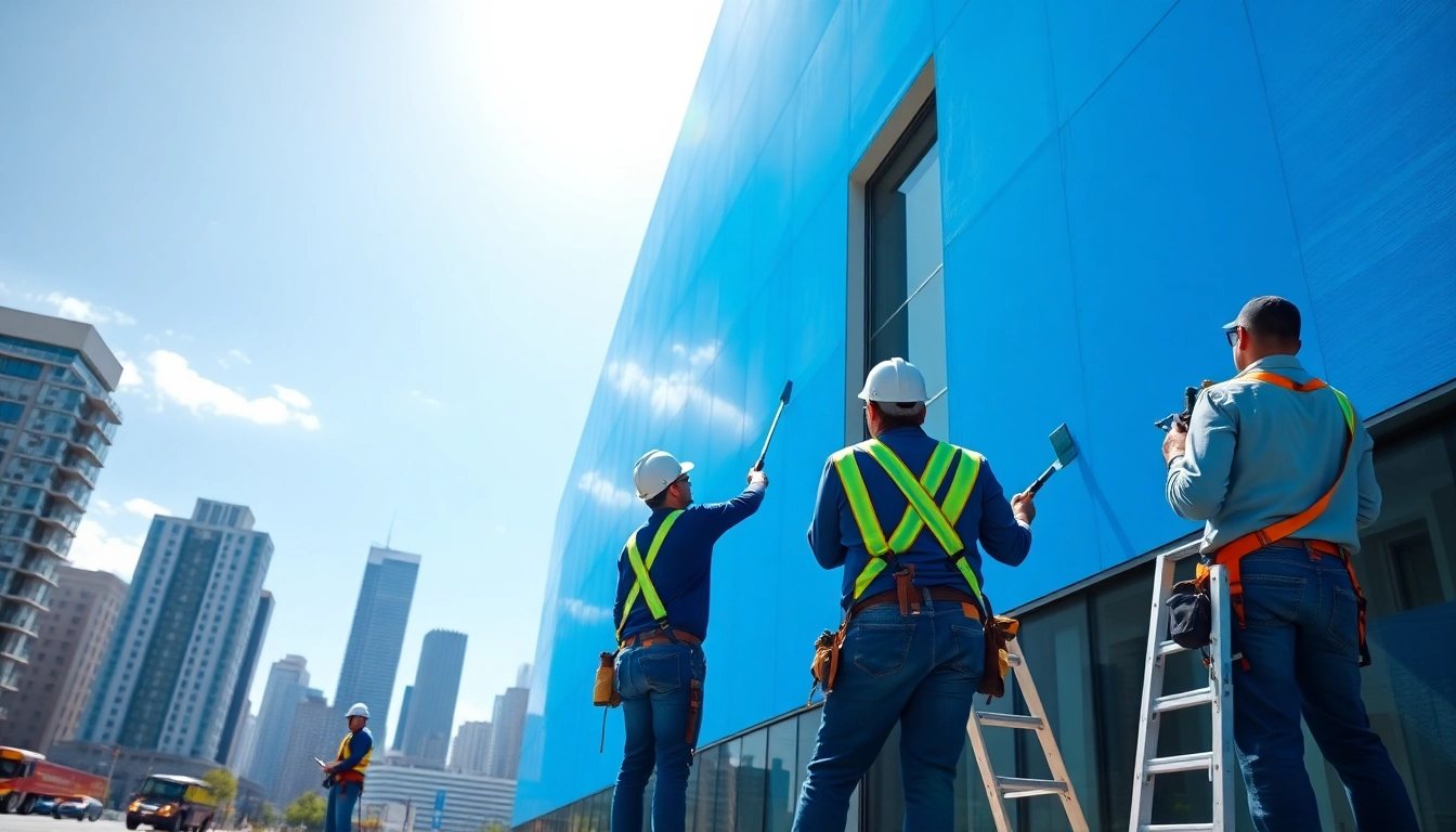 Commercial painting contractors applying fresh paint to a large office building's exterior.
