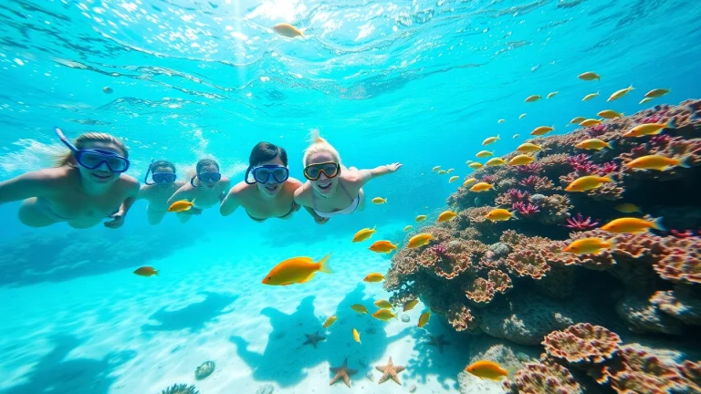 Snorkeling Puerto Rico: A group of snorkelers marvels at vibrant coral reefs and marine life under clear waters.