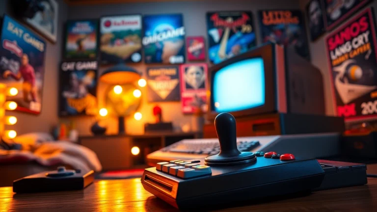 Play DOS games on a vintage gaming setup with joystick and classic game cartridges.