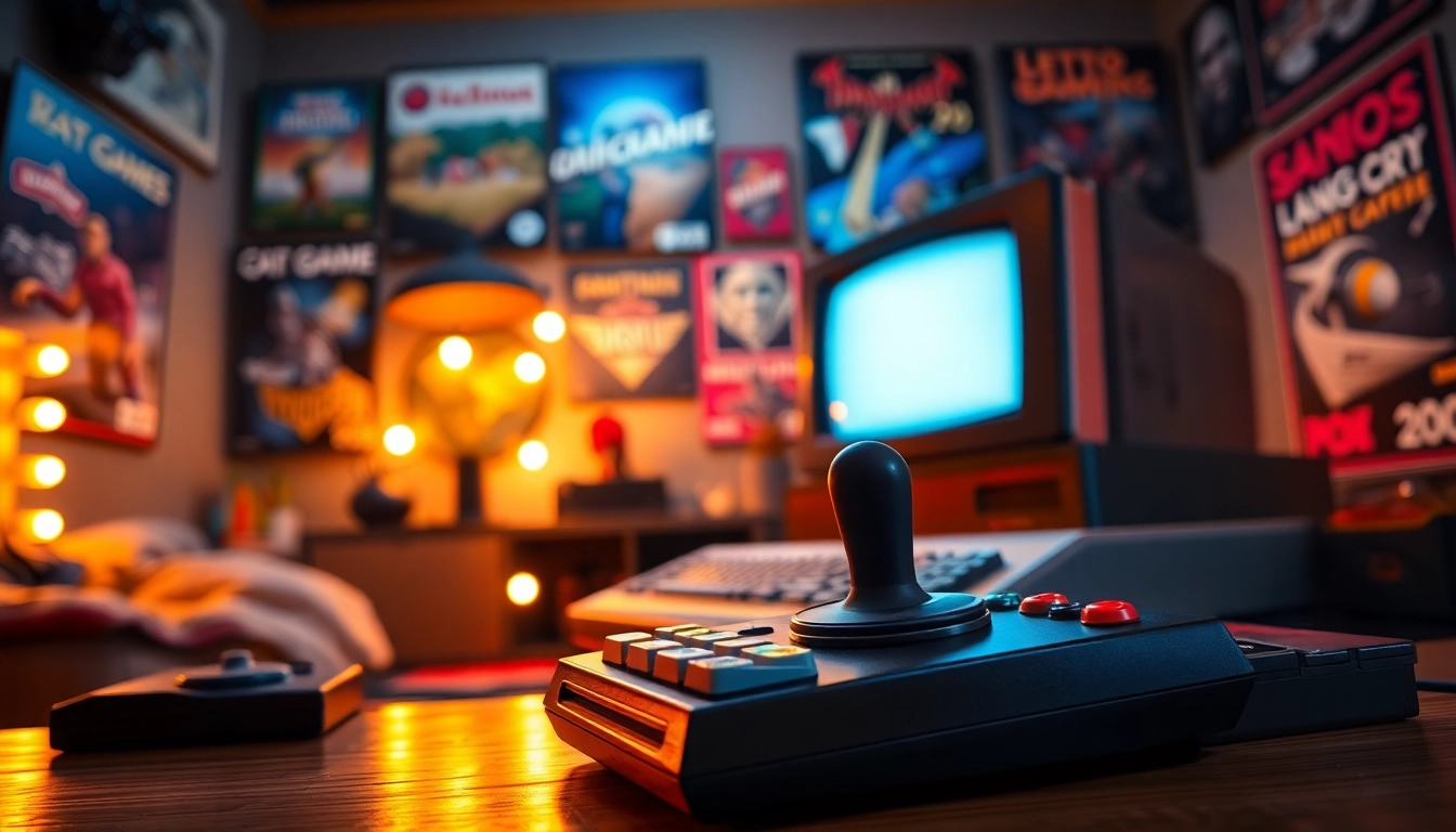 Play DOS games on a vintage gaming setup with joystick and classic game cartridges.