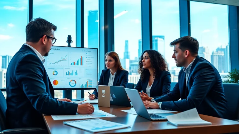 Analyzing competitive intelligence data in a business meeting setting, with diverse professionals collaborating.