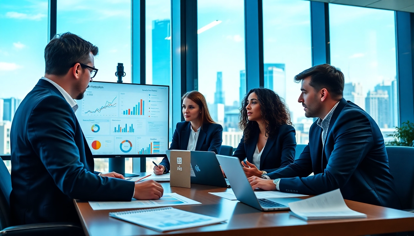 Analyzing competitive intelligence data in a business meeting setting, with diverse professionals collaborating.