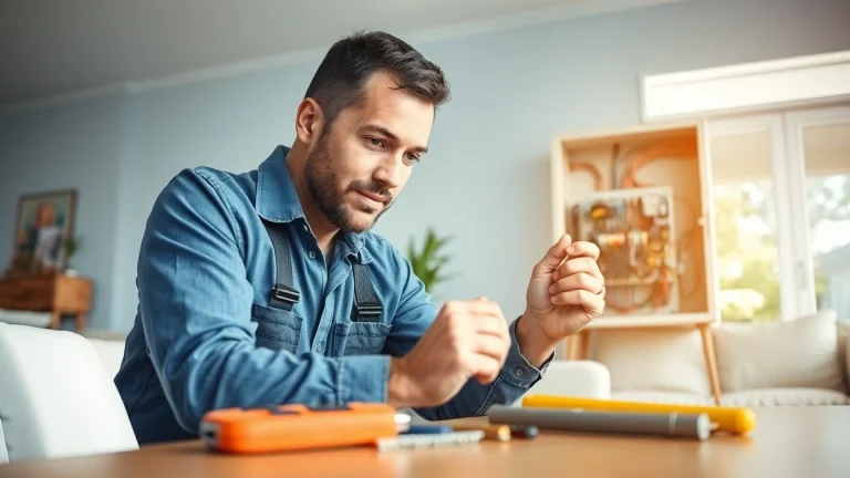 Expert Electrician Clearwater fixing a residential electrical system in a bright living room.