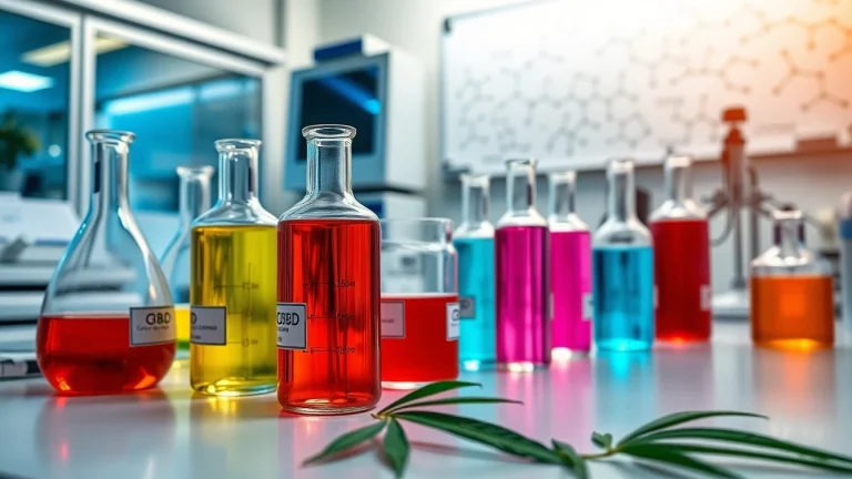 Analyze cbd synthetic production in a vibrant lab setting showcasing colorful compounds.
