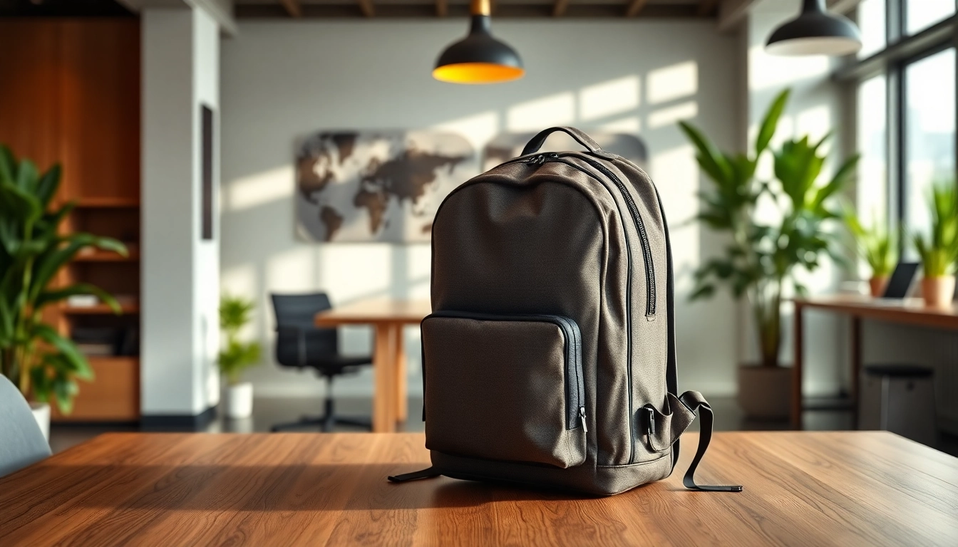 Business Rucksack auf einem modernen Schreibtisch, stilvoll und funktional mit ergonomischem Design.