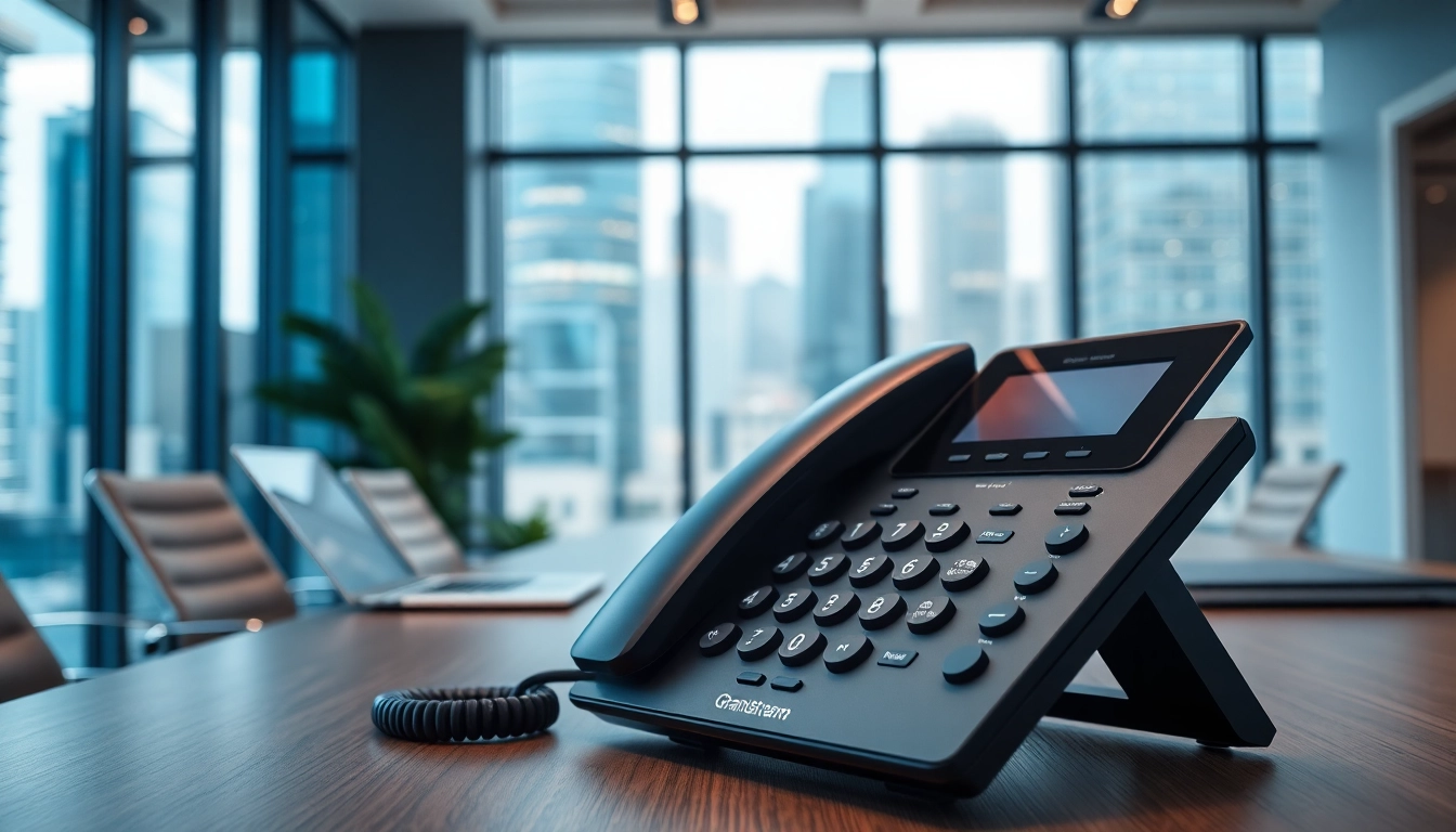 Showcasing Grandstream VoIP phone in a modern office environment with a city background.