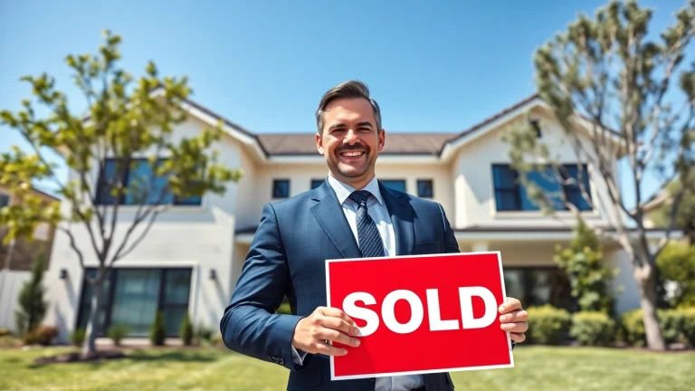 Real estate agent celebrating while saying I want to sell my house urgently, with a sold sign in front.