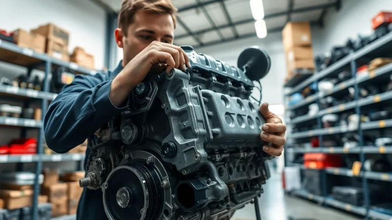 Find the Best place to buy used engines with a mechanic inspecting high-quality engine parts.