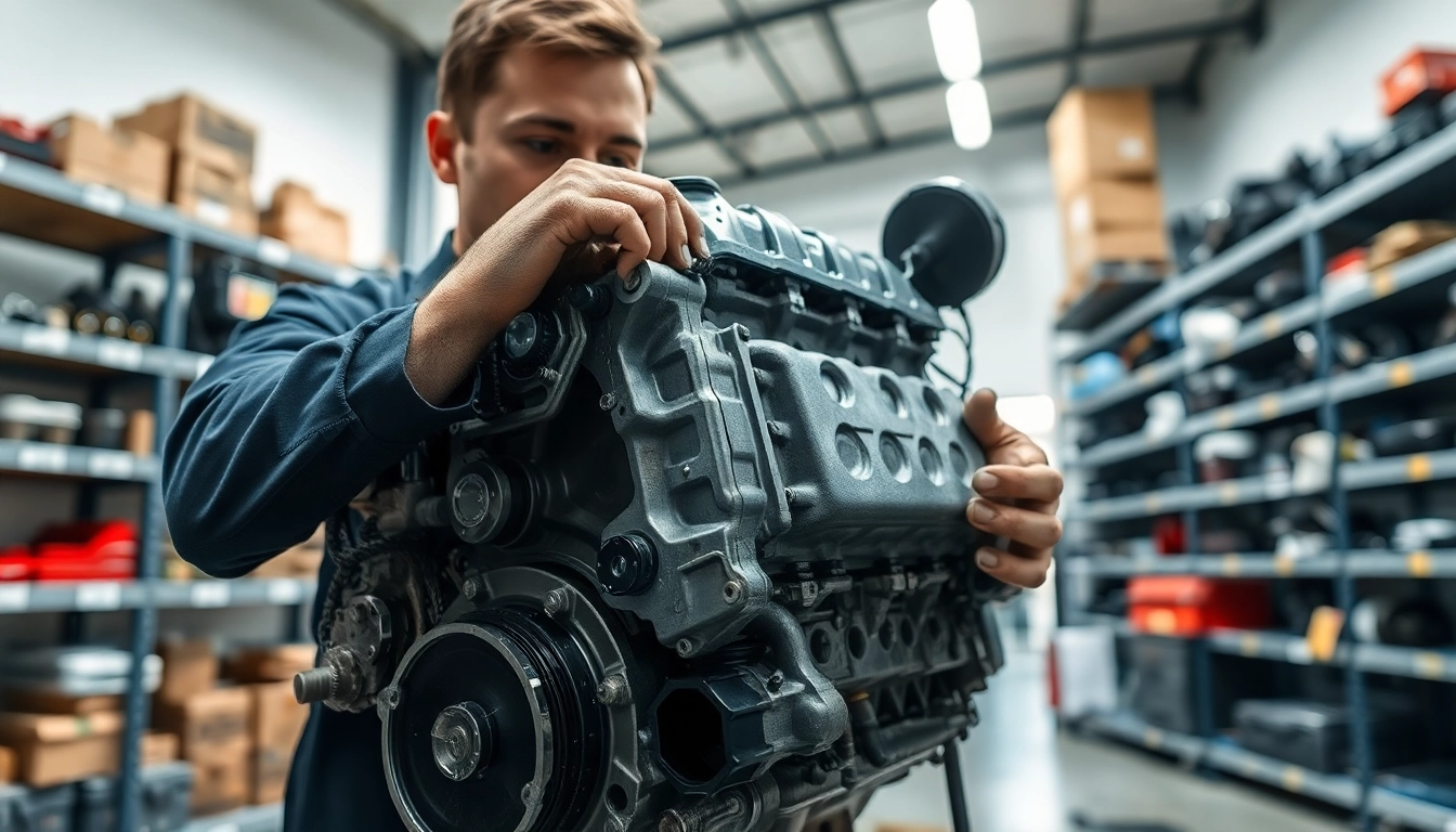 Find the Best place to buy used engines with a mechanic inspecting high-quality engine parts.