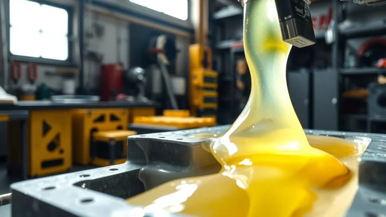 Infusion resins flowing into a composite mold in a vibrant, professional workshop environment.
