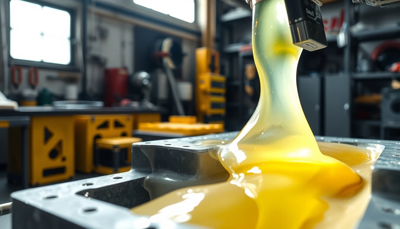 Infusion resins flowing into a composite mold in a vibrant, professional workshop environment.