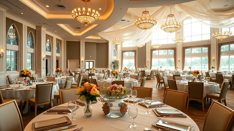 Experience the elegance of trenton event center, featuring beautifully arranged banquet tables and inviting décor.