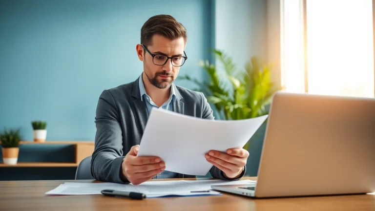 Manage Property Insurance Claims with a consultant reviewing essential documents in a bright office.