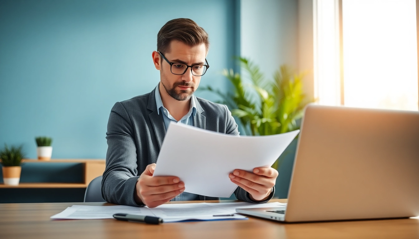 Manage Property Insurance Claims with a consultant reviewing essential documents in a bright office.
