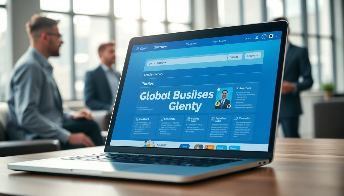 Showcase of a global business directory interface being utilized in a modern office.