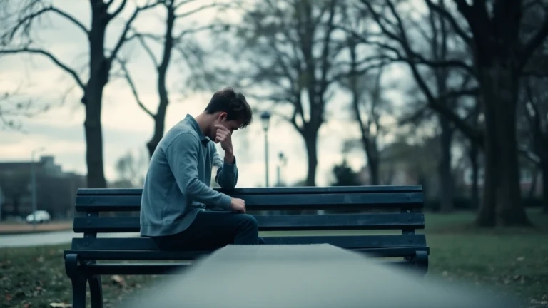 A reflective figure on a bench represents the emotional journey of a relationship breakup.