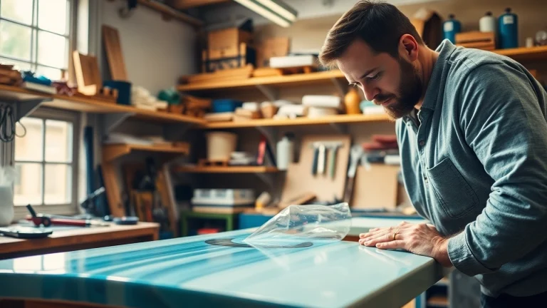 Applying laminating resin on fiberglass in a well-lit workshop environment.