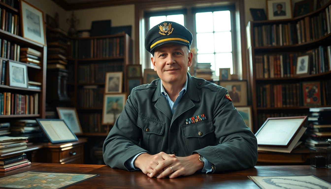 Meet Captain Manny Sousa at his desk, reflecting on experiences chronicled in https://www.mannysousabooks.com amidst a nostalgic setting.