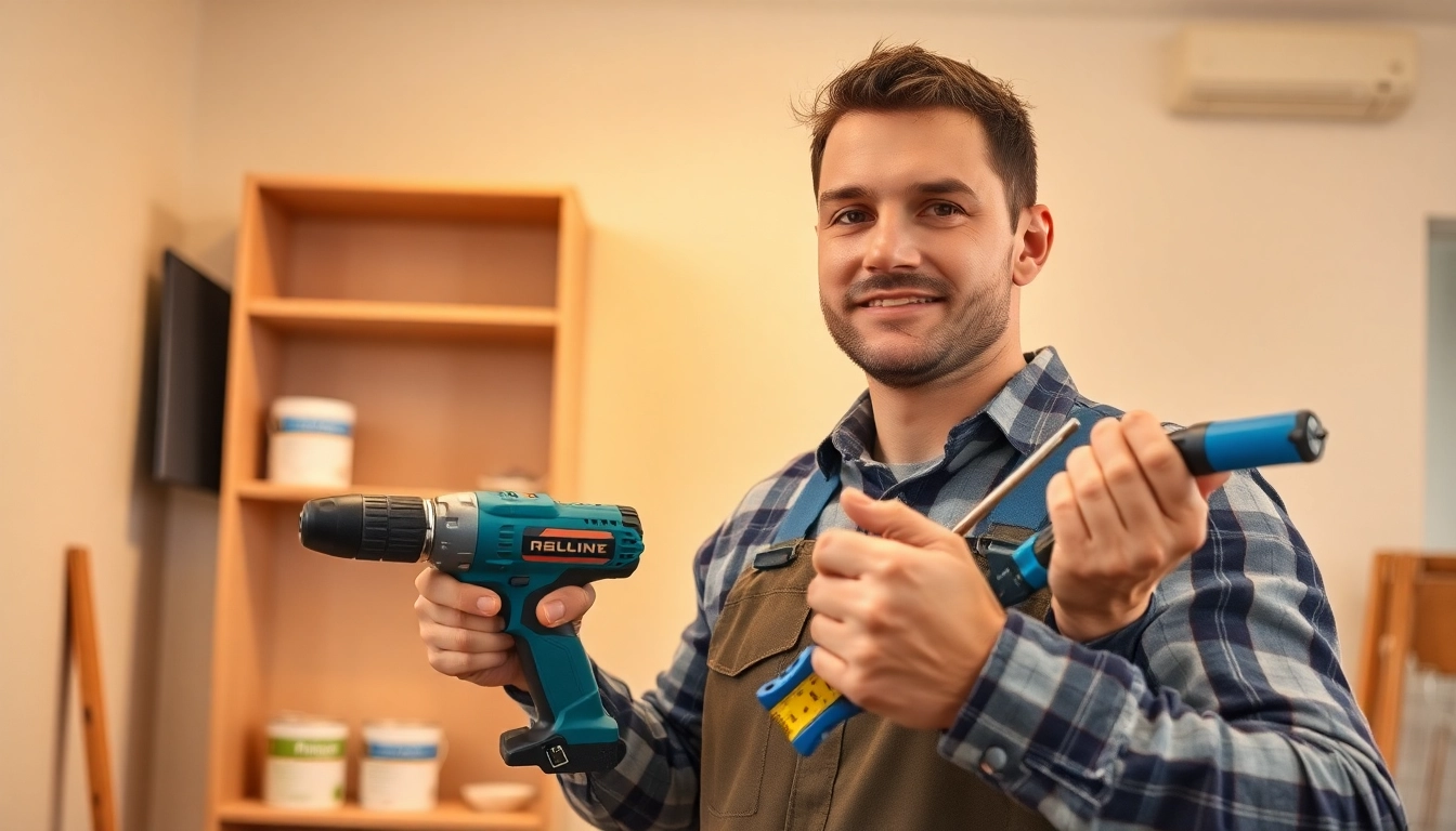 Handyman performing repairs with tools in a welcoming home environment.