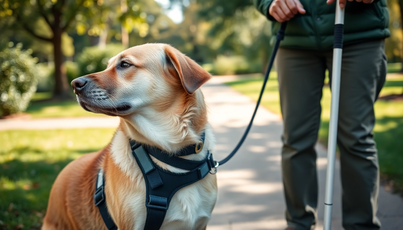 Service dogs assisting a person with a visual impairment in a park setting, showcasing companionship.