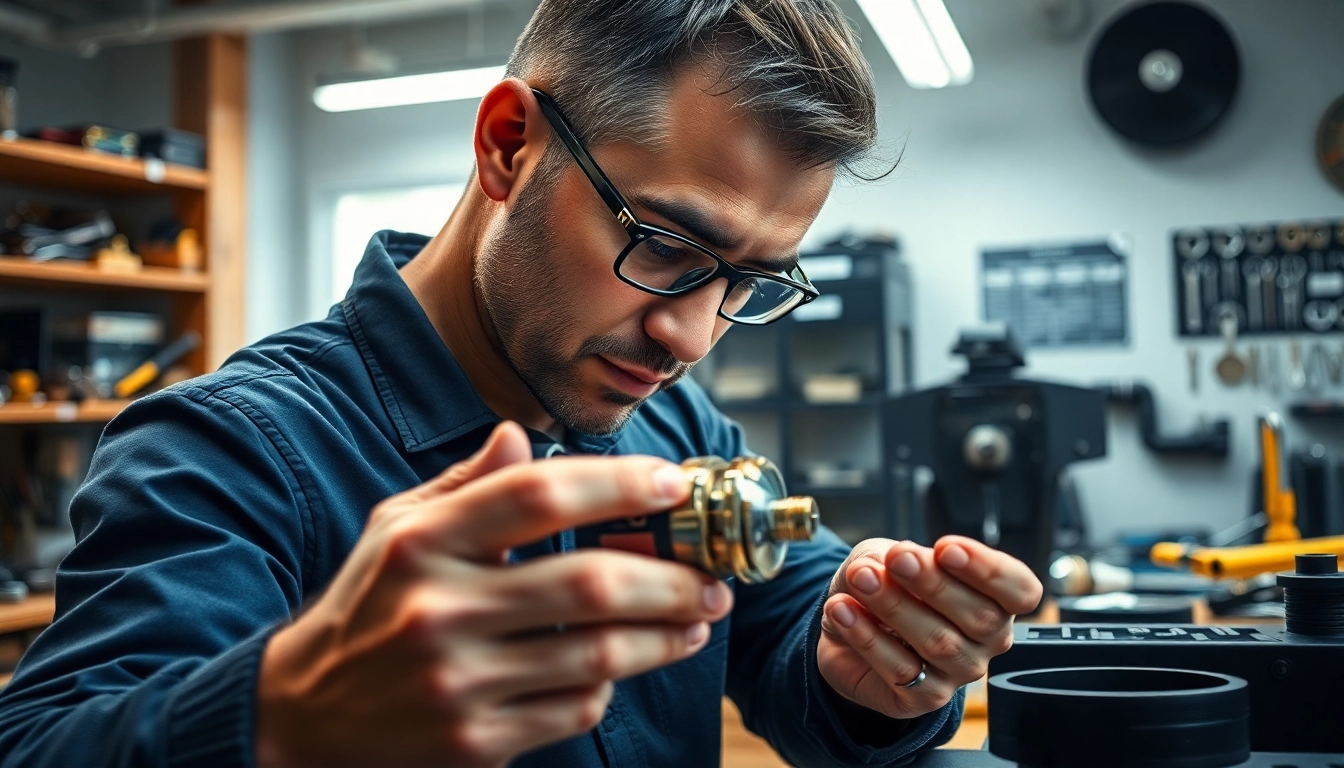 Carballo Locksmith technician examining a high-security lock in a modern workshop.