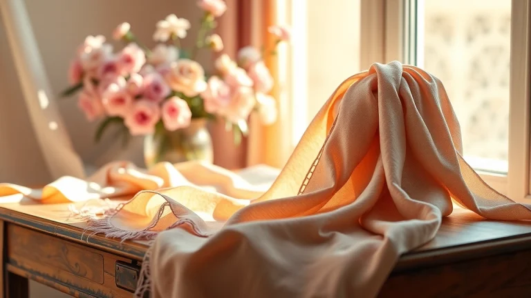 Stylish arrangement of vela scarves highlighting elegance and intricate patterns on a vintage table.