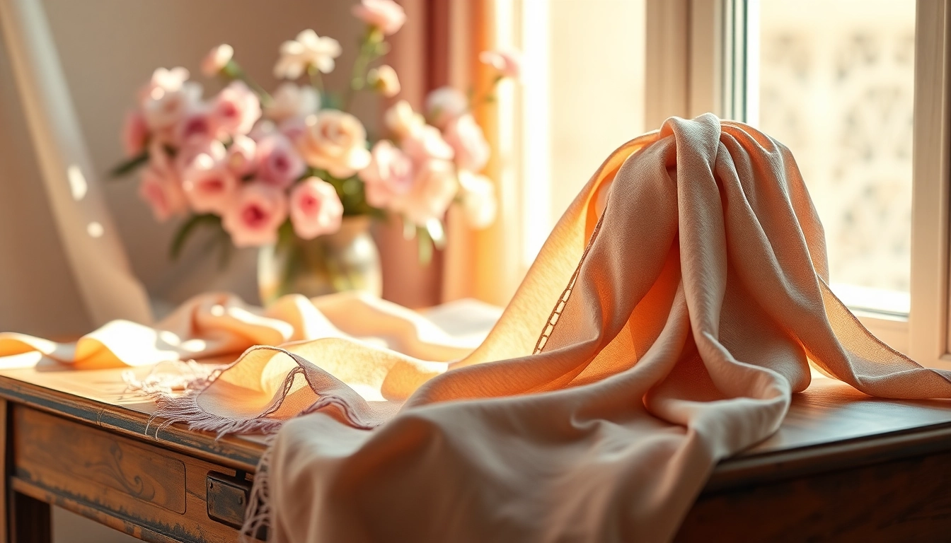 Stylish arrangement of vela scarves highlighting elegance and intricate patterns on a vintage table.