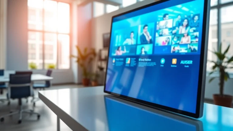 Engaging digital signage display showcasing an interactive interface in a modern office setting.