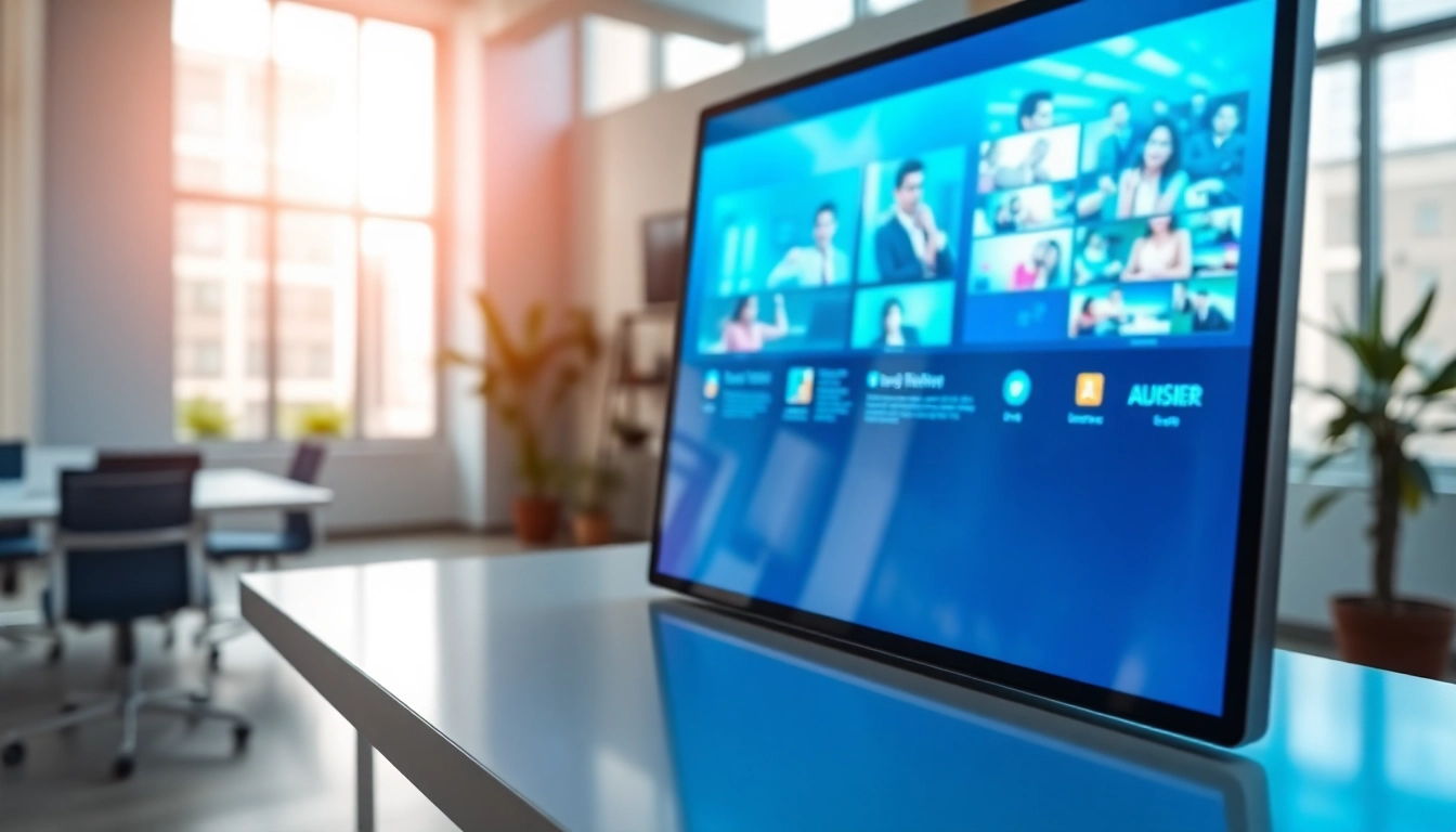 Engaging digital signage display showcasing an interactive interface in a modern office setting.