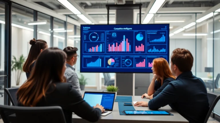 Showcasing competitive intelligence analysis with a diverse team in a modern office.