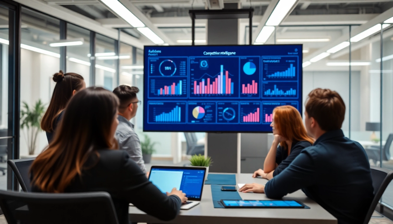 Showcasing competitive intelligence analysis with a diverse team in a modern office.
